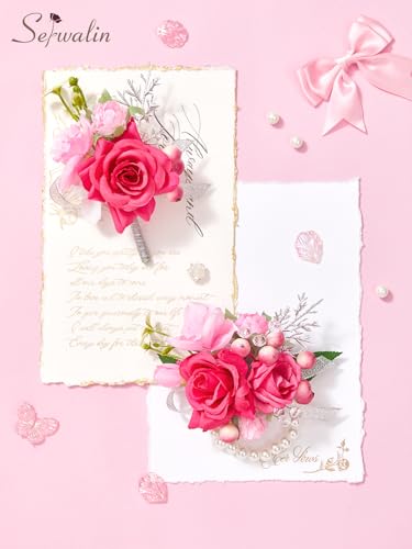 Serwalin Hot Pink Corsage and Boutonniere Set, Artificial Silk Rose Wrist Corsage Wristlet and Boutonniere Set for Prom, Homecoming, Wedding, Anniversary Party Prom Suit Dress Flower Accessories - color: Hot Pink, size: 1 Boutonniere & 1 Wrist Corsage - 2