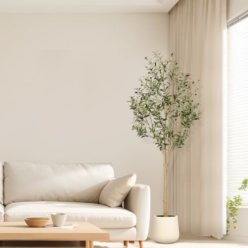 Realead Artificial Olive Tree 6FT - Tall Faux Olive Tree with Realistic Leaves and Natural Trunk - Indoor Fake Olive Tree with Black Pot - Artificial Trees for Home Office Living Room Decor - size: 6ft