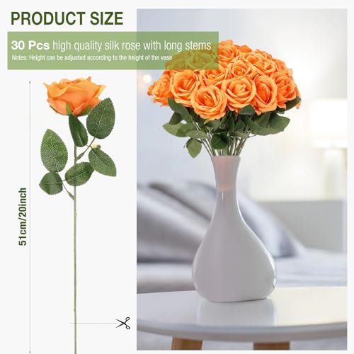Thiccywoov 30 Pcs Rose Artificial Flowers in Bulk Lifelike Long Stem Silk Roses Bouquets Realistic Faux Flowers for Wedding Bridal Shower Home Decor Floral Arrangements Table Centerpiece(Orange) - color: Orange