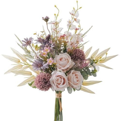 16-inch Artificial Fake Flowers Silk Table Arrangements Faux Plastic Floral Centerpieces for Home Kitchen with Roses, Dandelions, Chrysanthemum, Phalaenopsis, Eucalyptus, Sages, Orchids - color: Champagne
