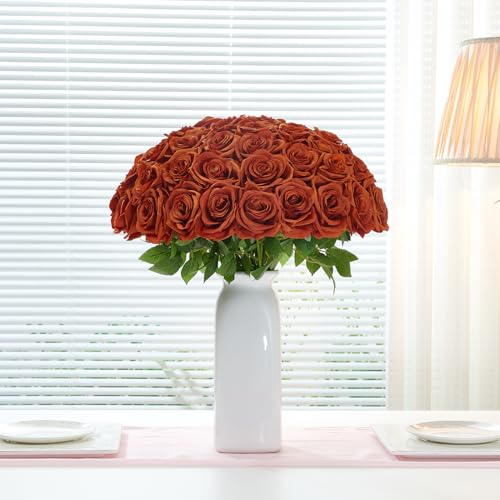 100 Pcs Burnt Orange Roses Artificial Flowers in Bulk, Long Stem Artificial Flower Bouquet, Silk Fake Rose for Wedding Party Table Centerpieces Decor Valentines Gifts - color: Burntorange
