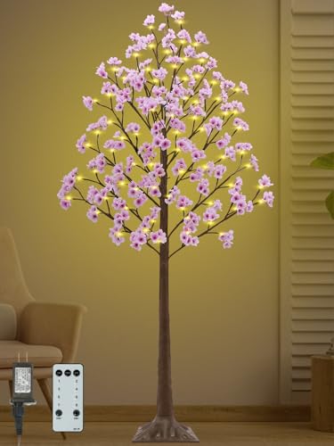 6FT Lighted Cherry Blossom Tree - Faux Artificial Light Up Pink Tree with 112 Lights, 336 Lush Flowers, Timer, Remote 8 Modes Cherry Blossom Tree for Spring Wedding Valentines Indoor Outdoor Decor - size: 6ft