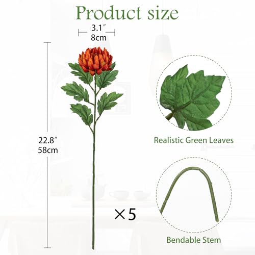 Hollyone 5Pcs Orange Artificial Mums for Outdoors Fall Chrysanthemum Flowers Fake Fall Mums Silk Long Stem Floral Arrangements Bouquets Faux Spider Mum Flower Pincushion Autumn Decorations for Home - color: Orange
