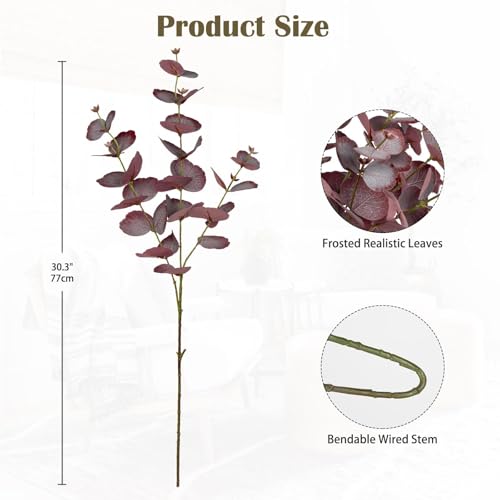 GnFlus 5 Pcs Artificial Burgundy Eucalyptus Stems Fall Fake Leaves Plants Tall 30" Red Silk Eucalyptus Stems Branches Fall Floral Arrangement Decoration, Faux Plant Farmhouse Indoor Home Wedding Decor - color: Red