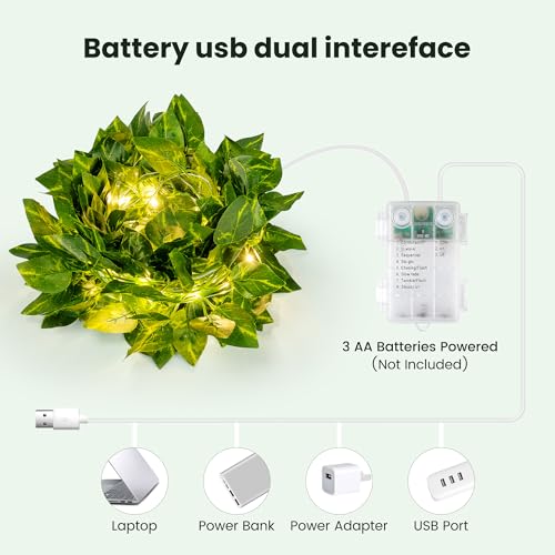 HEYFUNi 23ft Pre-Wrapped Pothos Vine Lights with 73 LEDs, USB or Battery Operated Artificial Greenery Garland with Fairy Lights for Bedroom, Dorm Room, Wall Decor, Boho Room Decor, Warm White - color: Pothos, size: 73 LED-USB & Battery