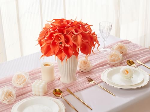 24 Pcs Artificial Calla Lily Flowers Fake Silk Flowers Real Touch for Wedding Bouquet Office Home Kitchen Decor (Coral) - color: Coral