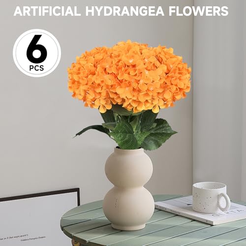 6 PCS Artificial Hydrangea Flowers, Faux Silk Hydrangea with Long Stems, Home Wedding Decor, Table Centerpieces, Party Decorations(Orange) - color: Orange