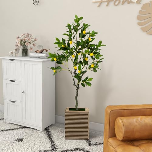 Goplus Artificial Lemon Tree, 48" Tall Fake Lemon Plant, Pre Potted Faux Lemon Tree with Cement Pot, Plastic Lemon Fruit Tree for Home Decor Living Room Office