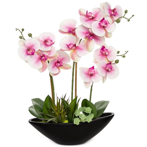 Briful Pink Orchid Fake Flowers 17in Artificial Orchid Silk Flowers in Black Pot Faux Orchid Arrangement for Home Office Bathroom Table Centerpiece Modern Decor - color: Pink Black