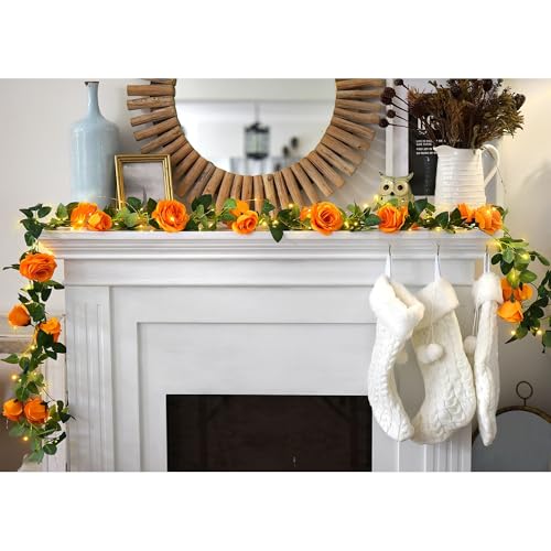 FiveSeasonStuff 29 Ft 4 Pack Mandarin Orange Rose Silk Flower Garland Artificial Flowers Decoration Hanging Floral with 66 feet String Lights - color: Mandarin Orange With String Lights