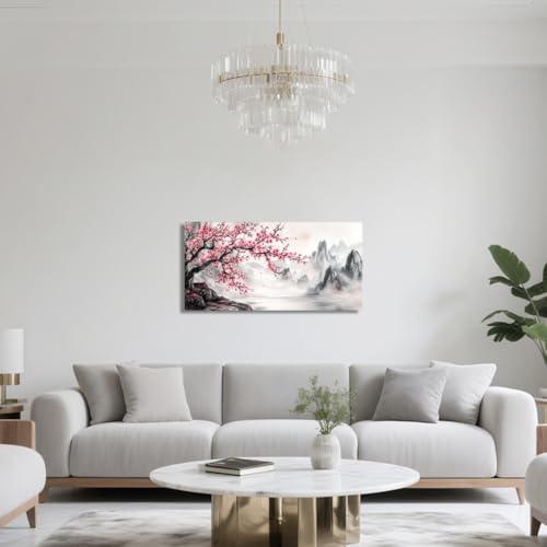QIXIANG Cherry Blossom Mountain Canvas Wall Art Pink Floral Trees Pictures Large Landscape Painting Japanese Decor for Living Room Bedroom Framed (black,18" W x 36" L) - color: black, size: 18"W x 36"L