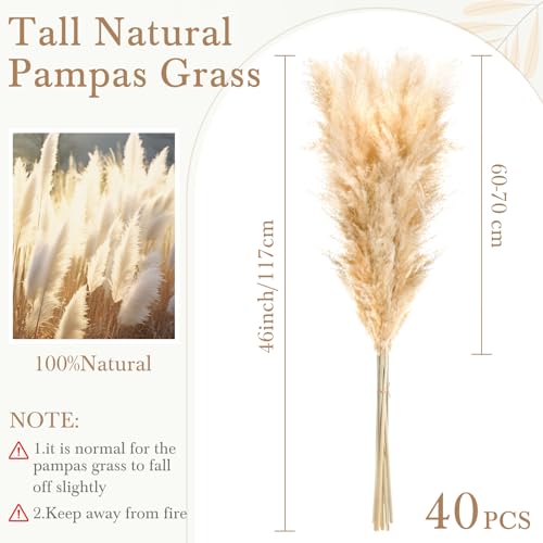 Wavwavw 40pcs 46 Inch Fluffy Tall Pampas Grass Decor Bulk, Natural Dried Pampas Grass Bouquet for Floor Vase, Wedding Floral Arrangements, Party, Farmhouse, Boho Home Decor