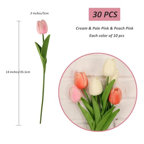 30pcs Tulips Artificial Flowers, Real Touch Fake Flowers Home Decor, Faux Tulips Bouquets Arrangements for Spring Easter Mothers Day Wedding Dining Room Table Decoration(3 Colors) - color: Cream & Pale Pink & Peach Pink