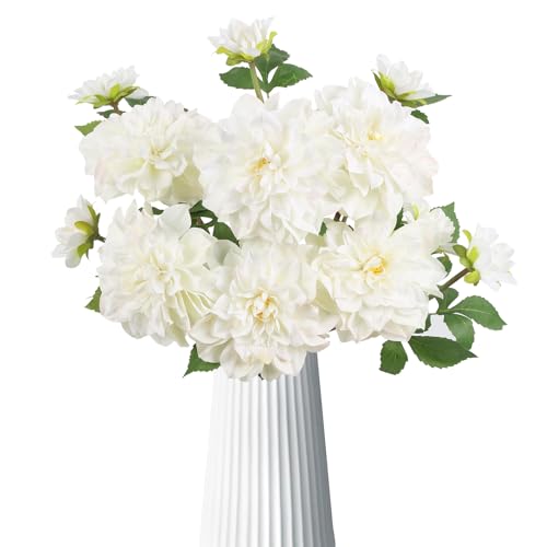 6pcs Large Faux Dahlia Artificial Flowers White Fake Silk Dahlia Flowers with Long Stem for DIY Wedding Party Floral Arrangements Home Tables Decoration（White - color: White
