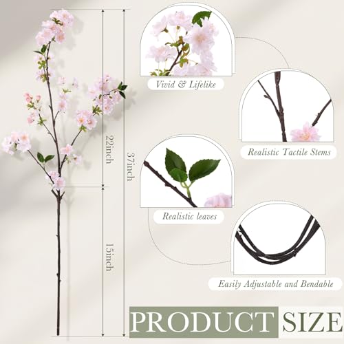 3 Pcs Pink Cherry Blossom Branches 37 Inch Artificial Fake Realistic Cherry Blossom Stems Silk Faux Extra Long Stem Flowers for Tall Vase Home Decor Wedding Table Centerpieces - color: Pink
