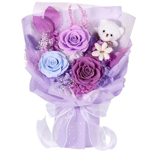 Preserved Flowers Bouquet with Bear, 3 Real Forever Flowers for Delivery, Long-Lasting Purple Eteranl Roses Bouquet, Anniversary Birthday Gifts for Women Mom Her Girlfriend Wife - color: Purple