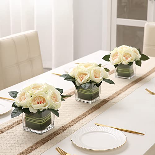 Artificial Peony Silk Flower Centerpieces Faux Floral Arrangement in Glass Vase for Home Wedding Table Decoration (Champagne) - color: Champagne