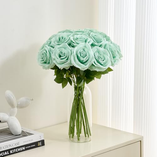 15pcs Fake Roses Artificial Silk Flowers Faux Rose Flower Long Stems Bouquet for Arrangement Wedding Centerpiece Party Home Kitchen Decor - color: 15pcs Sage Green