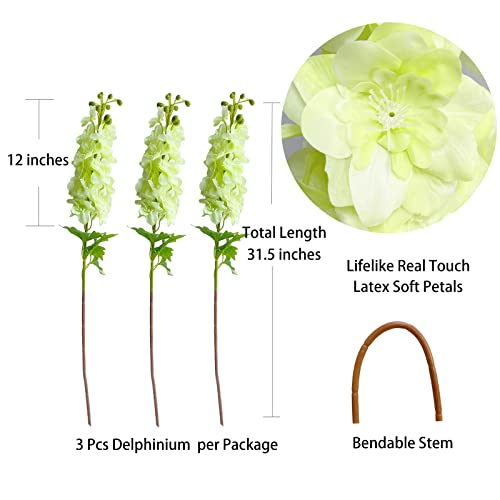 YalzoneMet 3Pcs Light Green Delphinium Artificial Flower Long Stem for Tall Vase 31.5'' Real Touch Fake Larkspur Latex Big Delphinium for Home Decor Floor Vase Flora Table Centerpiece - color: Light Green