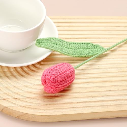 MECCANIXITY Tulip Crochet Flowers, Artificial Knitted Tulip Flower Completed Handmade Tulips Bouquet for Gift Home Birthday Wedding Decoration, Watermelon Red Pack of 10 - color: Watermelon Red