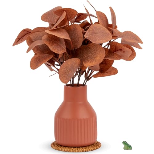 Artificial Eucalyptus Greenery Stems in Ceramic Vase 10Pcs Fake Plants Eucalyptus Leaves for Centerpiece Table Decorations Home Room Decor Office Desk Decor Small Fall Plant Decor - color: Orange