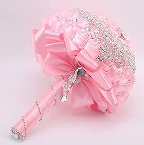 Handmade Luxury Wedding Bridal Bouquet Large Silk Rose Holding Toss Artificial Flowers Bouquets with Satin Ribbon Pearls Rhinestone for Bride Vintage Royal Wedding Bouquet (Pink) - color: Pink