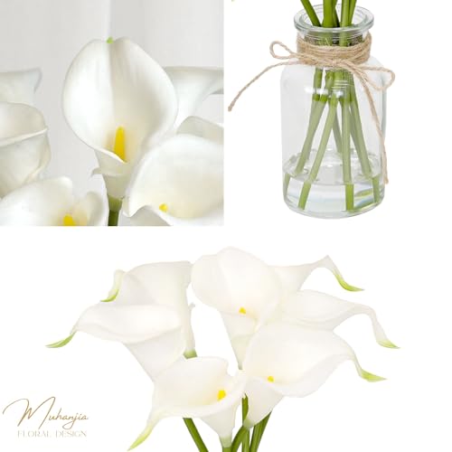 Muhanjia Artificial Flowers Calla Lily in Glass Vase with Faux Water,7Pcs Artificial Flower Real Touch Latex Flowers for Centerpiece Table Decorations Counter Decor(White Calla Lily)
