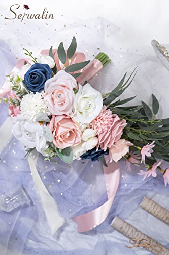 Serwalin 9.8 Inch Wedding Bouquets for Bride Bridesmaid, Pink Blue Rose Bridal Bouquets for Bride, Wedding Flowers Bouquet Tossing Bouquet, Wedding Ceremony and Anniversary Day Decor - color: Pink Blue
