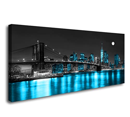 Aibonnly Wall Art Canvas Painting Black White and Blue New York Brooklyn Bridge 1 Piece Cityscape Night Building Picture Poster Print Framed for Living Room Bedroom Kitchen Office Home Decor - color: Black, size: 58"L x 29"W