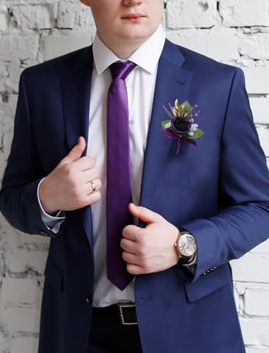 Marriwise 6pcs Rose Boutonniere for Men, Artificial Flowers Wedding Groom Groomsmen Boutonniere for Wedding/Anniversary/Prom/Rustic Wedding/Homecoming (Dark Purple) - color: Dark Purple