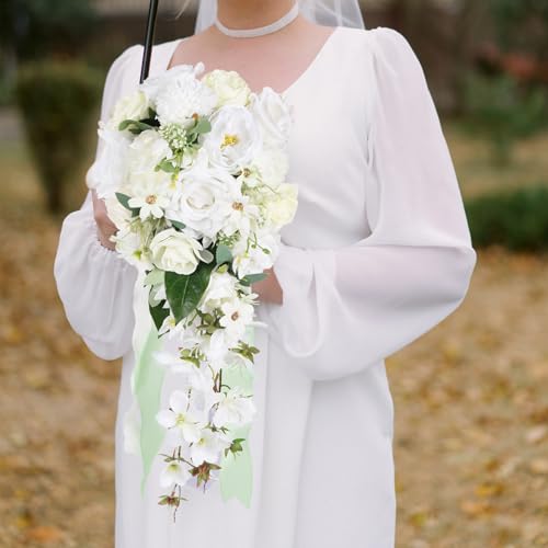 White Wedding Bouquets for Bride,10 Inch Fake Cascading Bridal Bouquet Silk Faux Flowers for Ceremony Anniversary Wedding Bridal Shower(White & Ivory) - color: White & Ivory