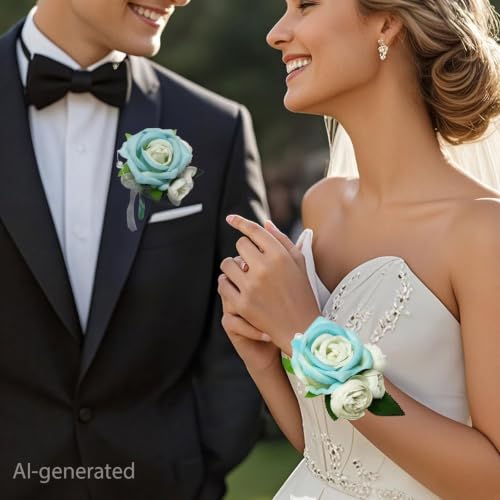 Wrist Corsage and Boutonniere Set, Artificial Rose Corsage Wristlet and Boutonniere for Wedding Prom Party (Blue, 2 Boutonniere&2 Wrist Corsage) - color: Blue, 2 Boutonniere&2 Wrist Corsage