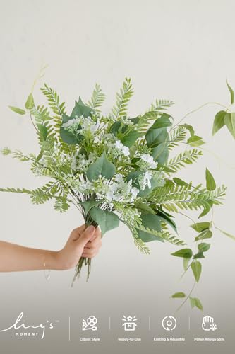 Ling's moment Artificial Greenery Stems Box Set, 71pcs with 5 Kinds of Faux Greenery Picks for DIY Bridal Bouquets Wedding Floral Arrangement Table Centerpieces, Light Green & White - color: Grn-light Green & White