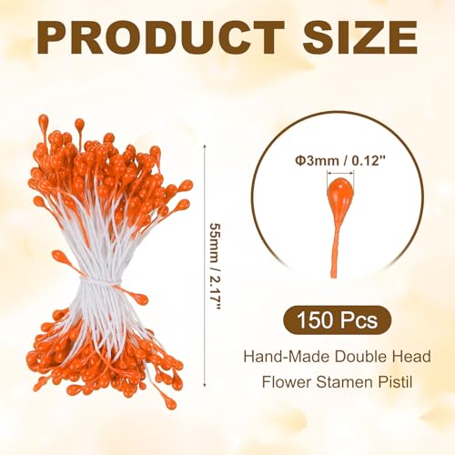 PATIKIL 3mm Double Heads Flower Stamen, 150 Pcs Artificial Flower Stamen Pistil Matt Pearl Floral Stamen for DIY Christmas Card Wedding Decoration, Orange - color: Orange