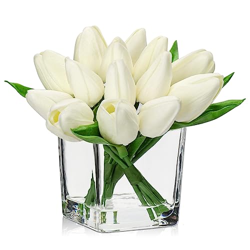 DILATATA Artificial White Tulips in Vase with Faux Water 5.5" Real Touch Flowers Fake Tulips Small Flowers Arrangement in Cube Glass Vase for Mother's Day Table Centerpiece Wedding Home Decor - color: Square Vase/White/1 Set