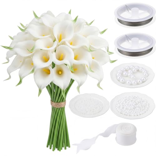 Suncalla 20 Pcs Calla Lily Artificial Flowers White DIY Wedding Bouquet for Bride Wedding Table Centerpieces Decorations with Ribbon and Pearls for Floral Arrangement DIY Craft Bridal Flower Gift - color: White, style: Calla Lily