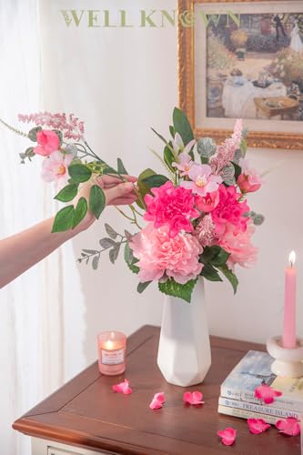 WELL KNOWN Artificial Flowers Bouquet, Spring Fake Flowers for Vase, Silk Faux Flowers DIY Table Centerpieces for Wedding, Dining Room, Kitchen, Office, Farmhouse, Mom's Decor & Gift (Pink & Hot Pink) - color: Pink & Hot Pink