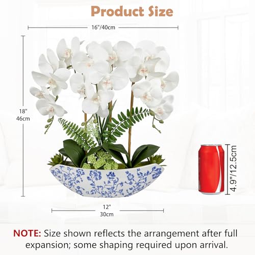 Briful Orchid Artificial Flowers 18in White Fake Orchid Silk Flowers with Blue and White Ceramic Vase Faux Orchid Arrangement for Home Office Room Coffee Table Centerpiece Modern Decor - color: White-floral Pattern Vase