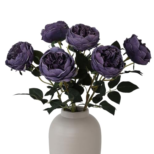 mizii 6Pcs Burnt Purple Artificial Roses Flowers Fake Silk Roses Flower with Long Stem for Wedding Decorations Table Centerpieces Flower Arrangement Home Decor (Burnt Purple) - color: Burnt Purple