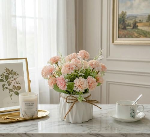 TKAS Fake Flowers Arrangement in Ceramic Vase, Artificial Faux Silk Hydrangea, Small Realistic Dried-Style Floral, Dining Table Centerpiece for Wedding Party Home Decoration (Pink) - color: Pink