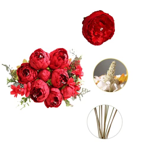 Corkwaw 10 Heads Peonies Artificial Flowers, 17-1/2" Long Vintage Silk Fake Peony Bouquet for Home Garden Decoration Office Verandah Wedding Decorations (red) - color: Red