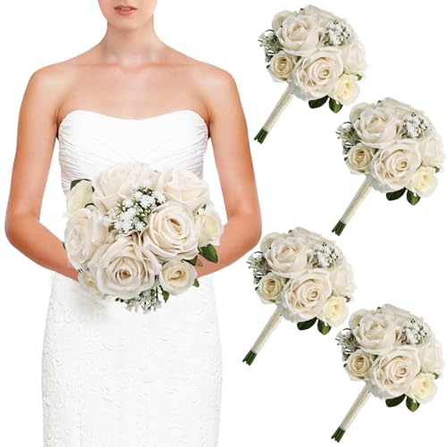 Wedding Bridesmaid Bouquets Set of 4, Artificial Silk Flowers Arrangement for Ceremony Marriage Proposal Party Anniversary Decorations - Champagne - color: Champagne, size: Set of 4 Bouquets