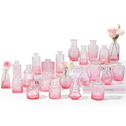 RUCKAE Glass Bud Vases Mini Flower Vase Small Vintage Vases for Centerpiece Table Wedding Decorations Home Decor Party(Gradient Pink 22 Pack) - style: Gradient Pink 22 pack