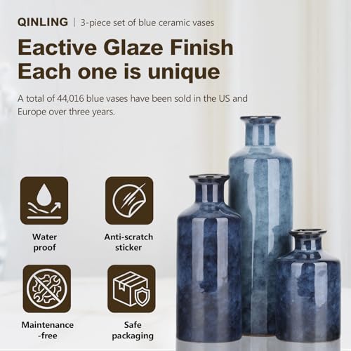 Blue Ceramic Vase Set - 3 Blue Small Vases, Farmhouse Country Flower Vase Home Decor, Living Room Decoration, Table Decoration, Fireplace Decor, and Entrance Decorations Centerpieces - color: Blue