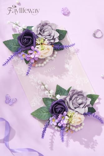 Rose Purple Wrist Corsage for Wedding Prom, Handmade Artificial Flower Corsage Bracelets for Bride,Bridesmaid,Mother,Porm Corsage for Homecoming,Party Anniversary(Set of 2) - color: Purple, size: 2 Wrist Corsages