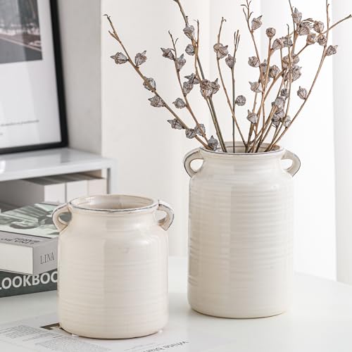 Ceramic Rustic Distressed White Flower Vase for Centerpieces, Kitchen, Office or Living Room (5.9''x6.3”) - color: White, size: 5.9''x 6.3”