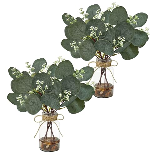 2 Pack Artificial Eucalyptus Stems in Glass Vases, 11" Fake Plants with Faux Water Stones, Small Faux Plants for Kitchen Bathroom Shelf Coffee Table Decor (DarkGreen) - color: Darkgreen