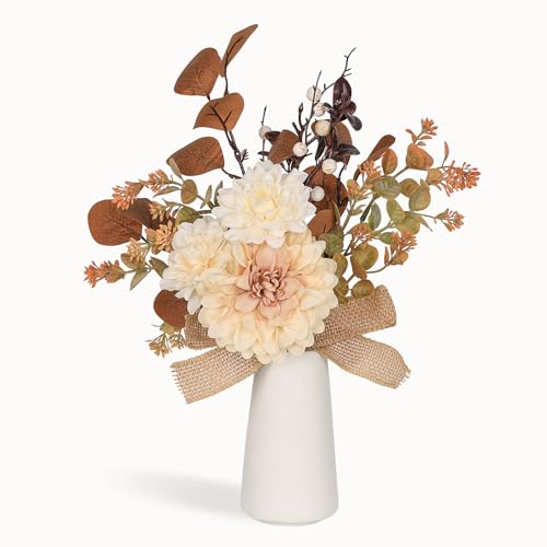 Small Artificial Flowers in Ceramic Vase 15 inch Faux Flower Centerpieces Coffee Table Decor, Silk Flower Arrangements Indoor Fake Bouquet for Dining Room Kitchen Wedding Home Decor, Brown - color: Brown + Small