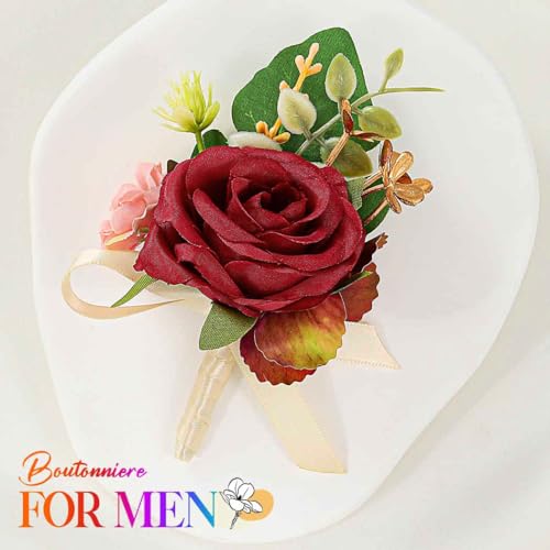 Burgundy Rose Groom Boutonniere for Men Prom Wedding (Burgundy) - color: Red