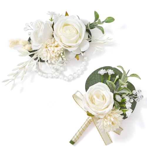 Serwalin White Rose Corsage and Boutonniere Set, Boutonniere for Men and Wrist Corsage Wristlet Prom Homecoming Wedding Flowers Accessories Party Suit Decorations - color: A White, size: 1 Boutonniere & 1 Wrist Corsage - 2pcs